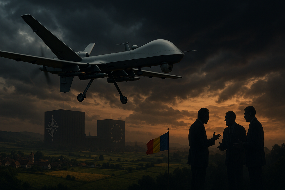 Dron militar sobre reunión diplomática al atardecer
